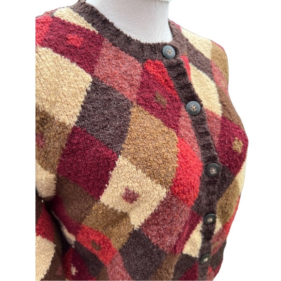 Vintage Talbots Argyle Boucle Knit Red & Tan Button Up Cardigan Sweater - Picture 3 of 11